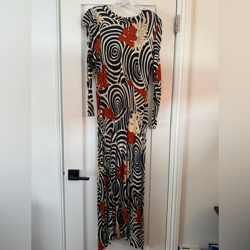RIXO Swirl & Floral Maxi Dress in Black, Cream & Rust